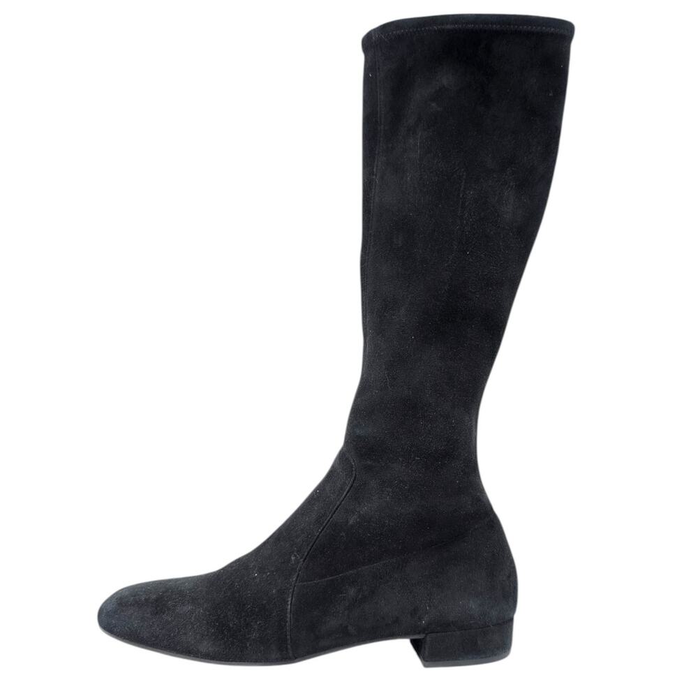 Prada Black Suede Knee High Stretch Boots Square‎ Toe Flat Heel Women’s 37.5